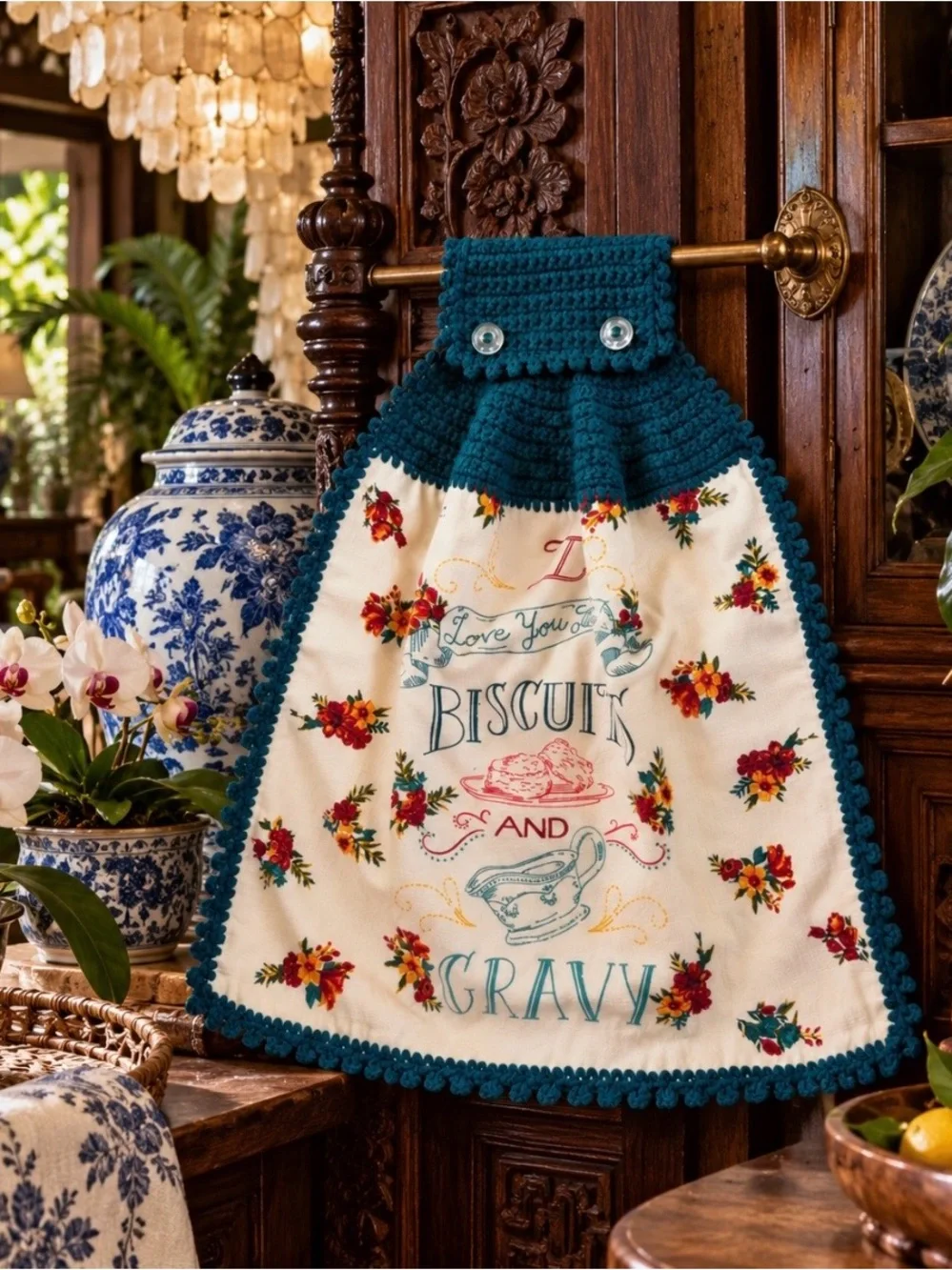 Pioneer Woman Biscuits & Gravy Crochet Hanging Kitchen Towel Teal